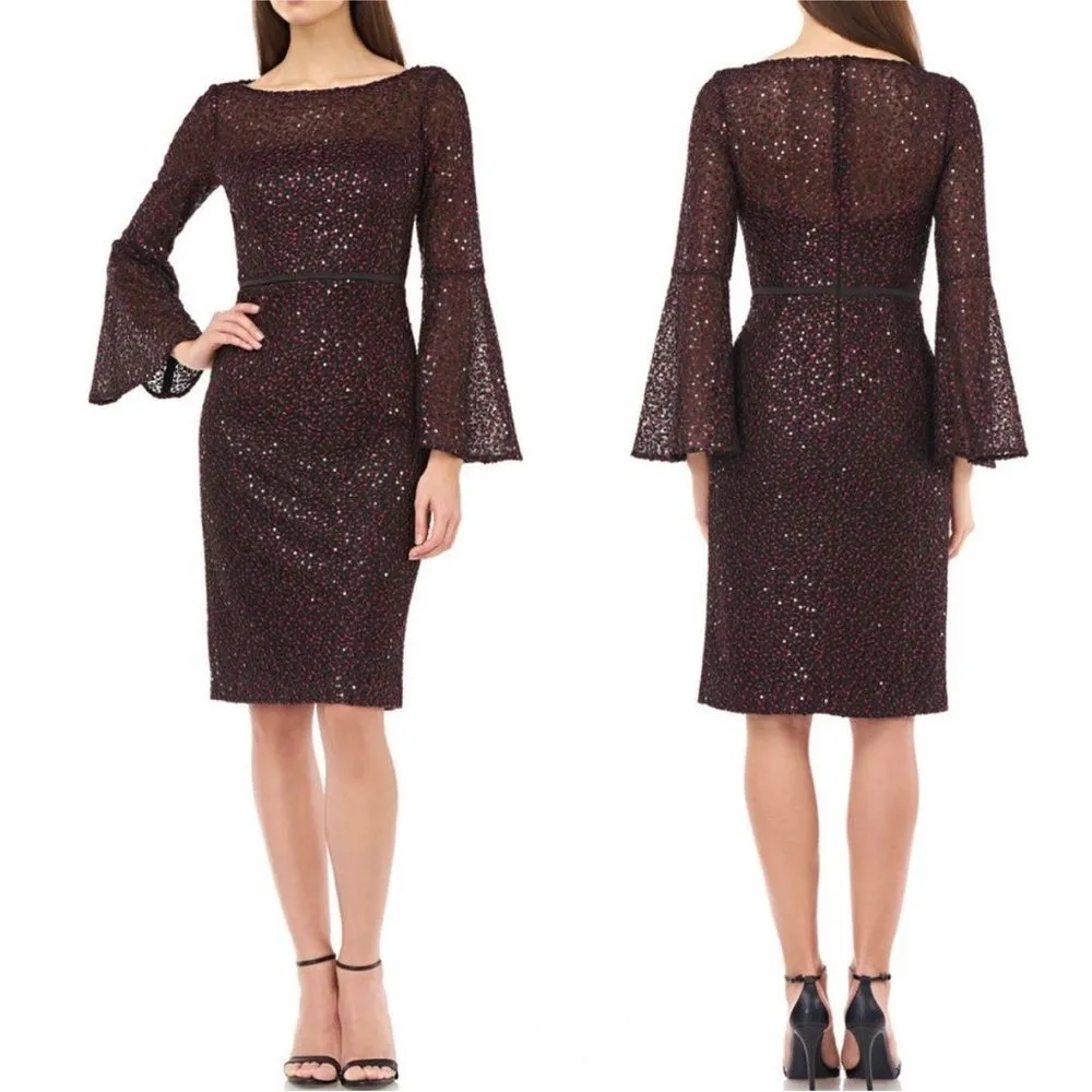 Carmen Marc Valvo‎ Infusion 6 Red Black Sequin Lace Bell Sleeve Dress NWT - Image 10