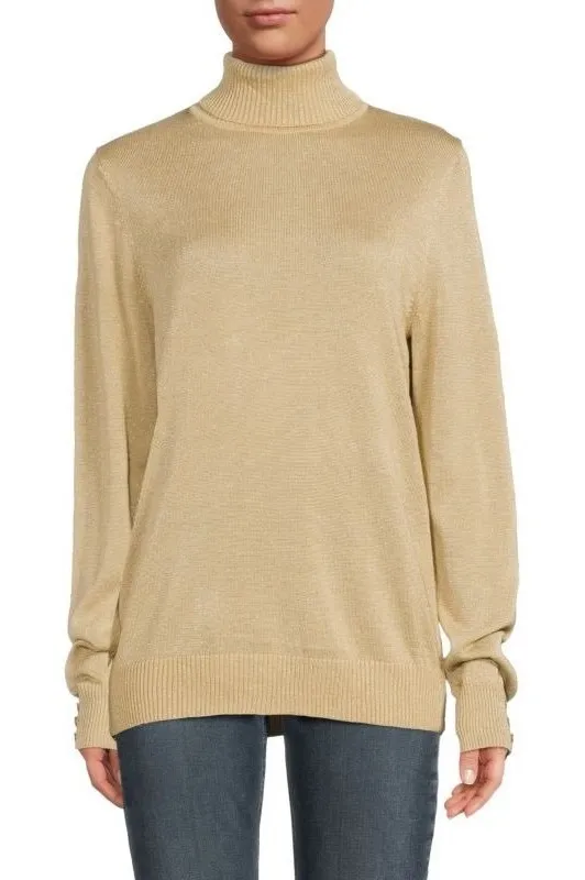 Womens Gold Knit Turtleneck Long Sleeve Sweater Metallic Sparkle Pullover Top - Image 1