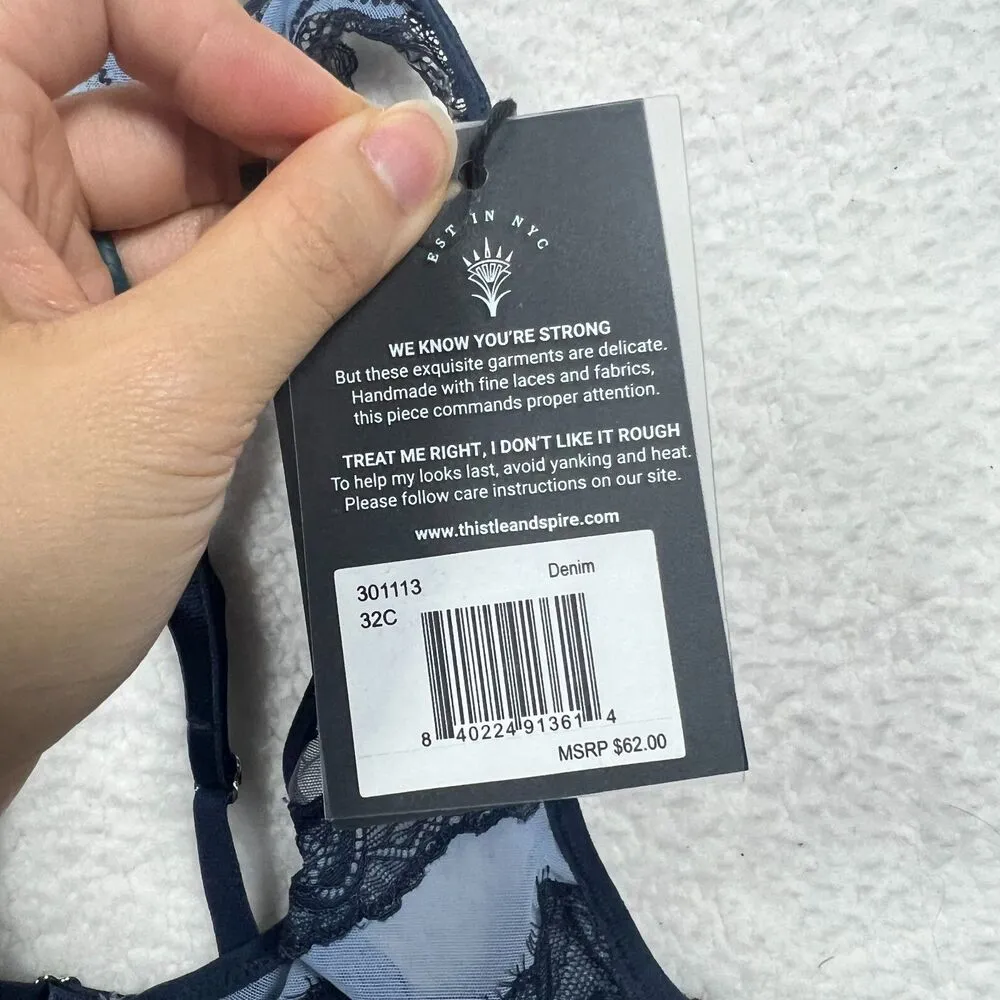 Thistle and Spire Bra Womens 32C Blue Denim Racerback Lace Festival Boudoir Sexy Size 32 C - Image 2