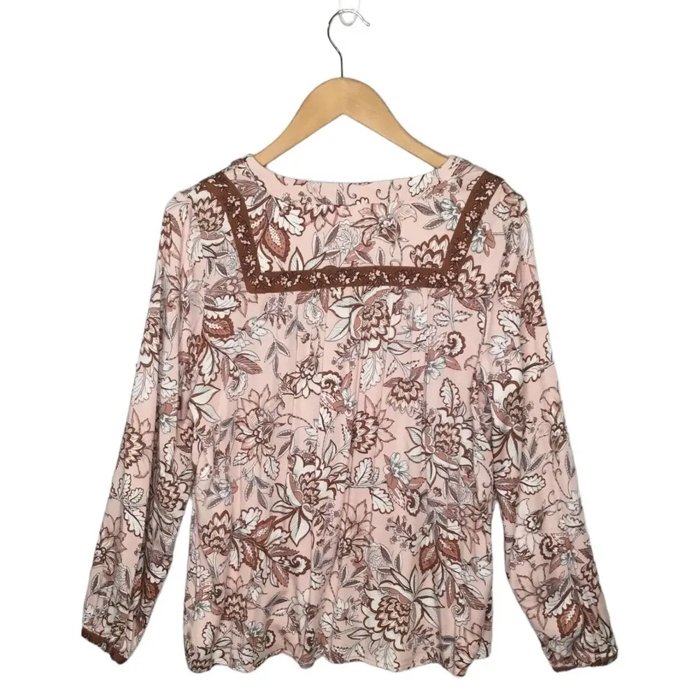 J Jill Floral Long Sleeve V Neck Bohemian Peasant Contrast Light Pink Blouse S - Image 4