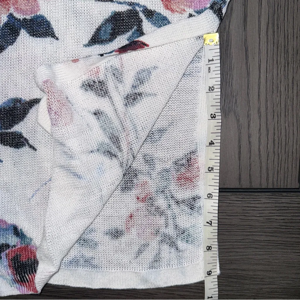 J Jill Linen Blend Longline Cardigan Floral Print Size LP Whimsical Boho White - Image 10