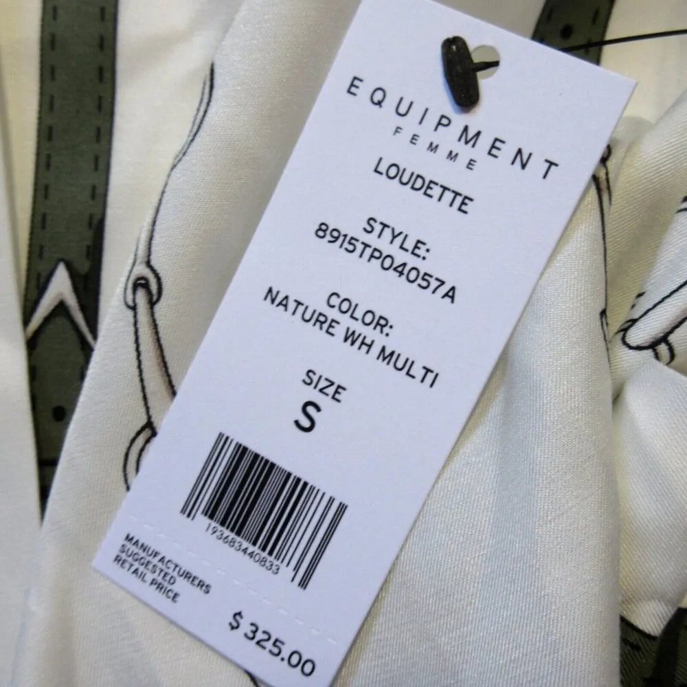 NWT Equipment Loudette in Nature White Chain Print Silk Tie Neck Blouse Shirt S - Image 4