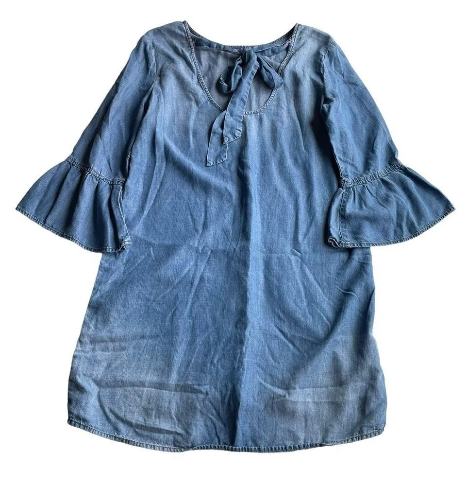 Anthropologie Cloth & Stone Denim Chambray Dress Blue Size Medium Bell Sleeves - Image 8