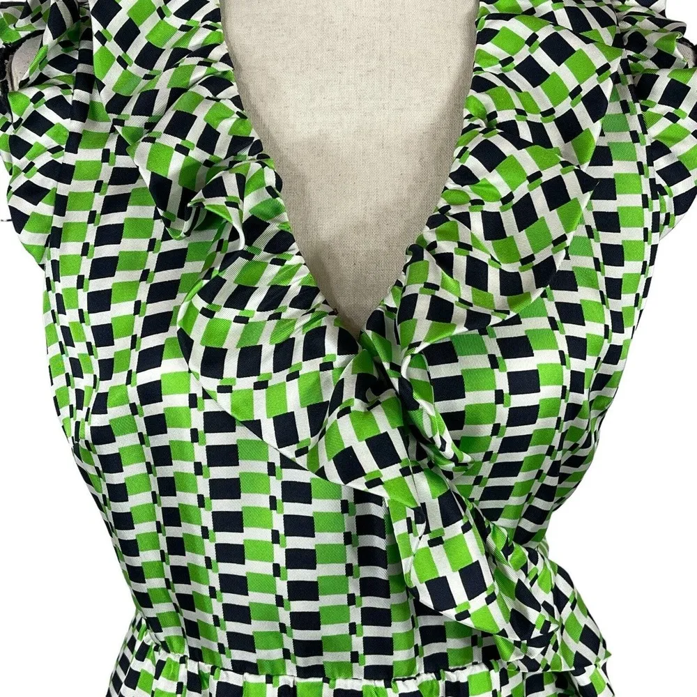 Kate Spade SZ 8 Aubrey Silk Wrap Dress Geometric Check Ruffled Neck Belted Lined - Image 4
