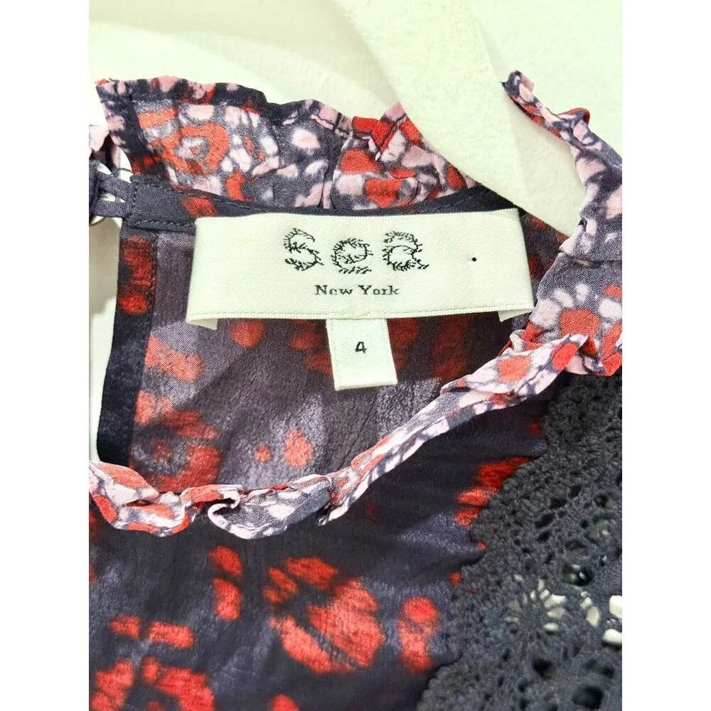 Sea New York Eloise Ruffled Long Sleeve Boho Blouse Top Navy/Red Women's Size 4 Blue - Image 3