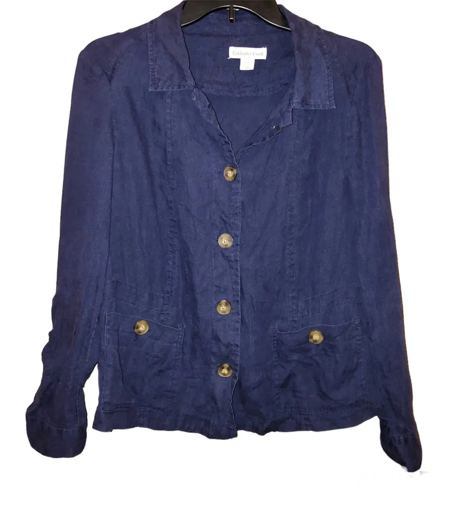 Coldwater Creek Linen Utility Button Down Shirt Jacket Navy Blue 4-6 - Image 1