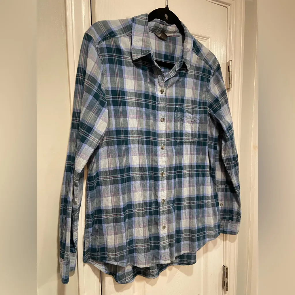 Eddie Bauer Size M Teal Blue plaid Cotton Lightweight Button Down Shirt Size M - Image 3