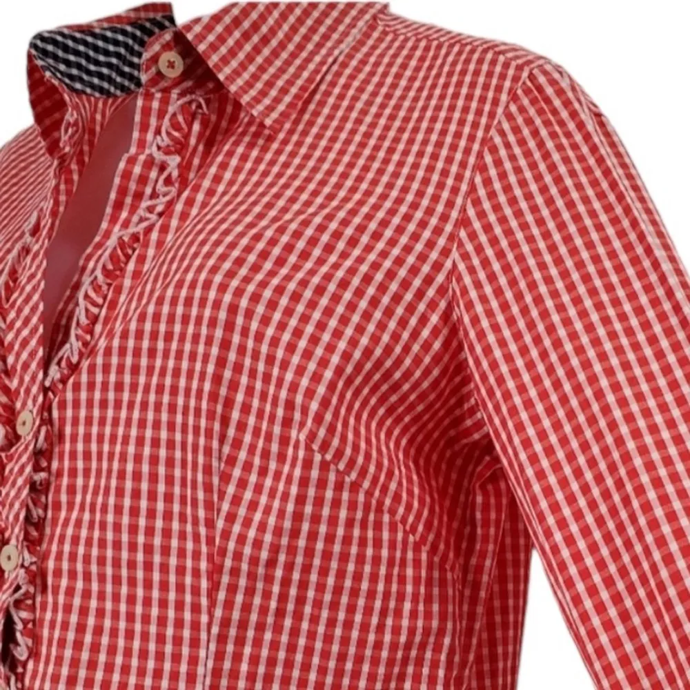 LILLY PULITZER GINGHAM CHECKERED RED WHITE BLUE PRINT RUFFLED LONG SLEEVE TOP 6 - Image 4