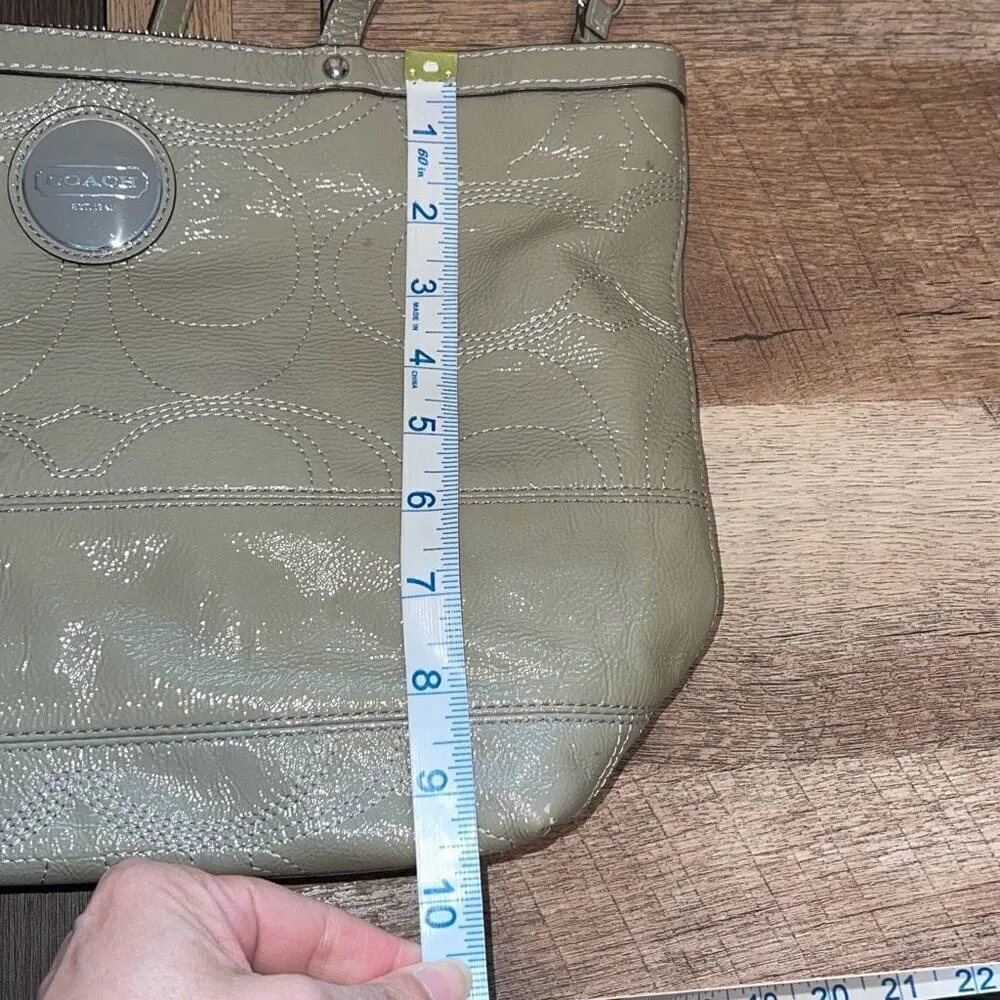 Coach Womens Gross Grain Patent Leather Stitch Tote Shoulder Bag Green Gray Medi - Image 9