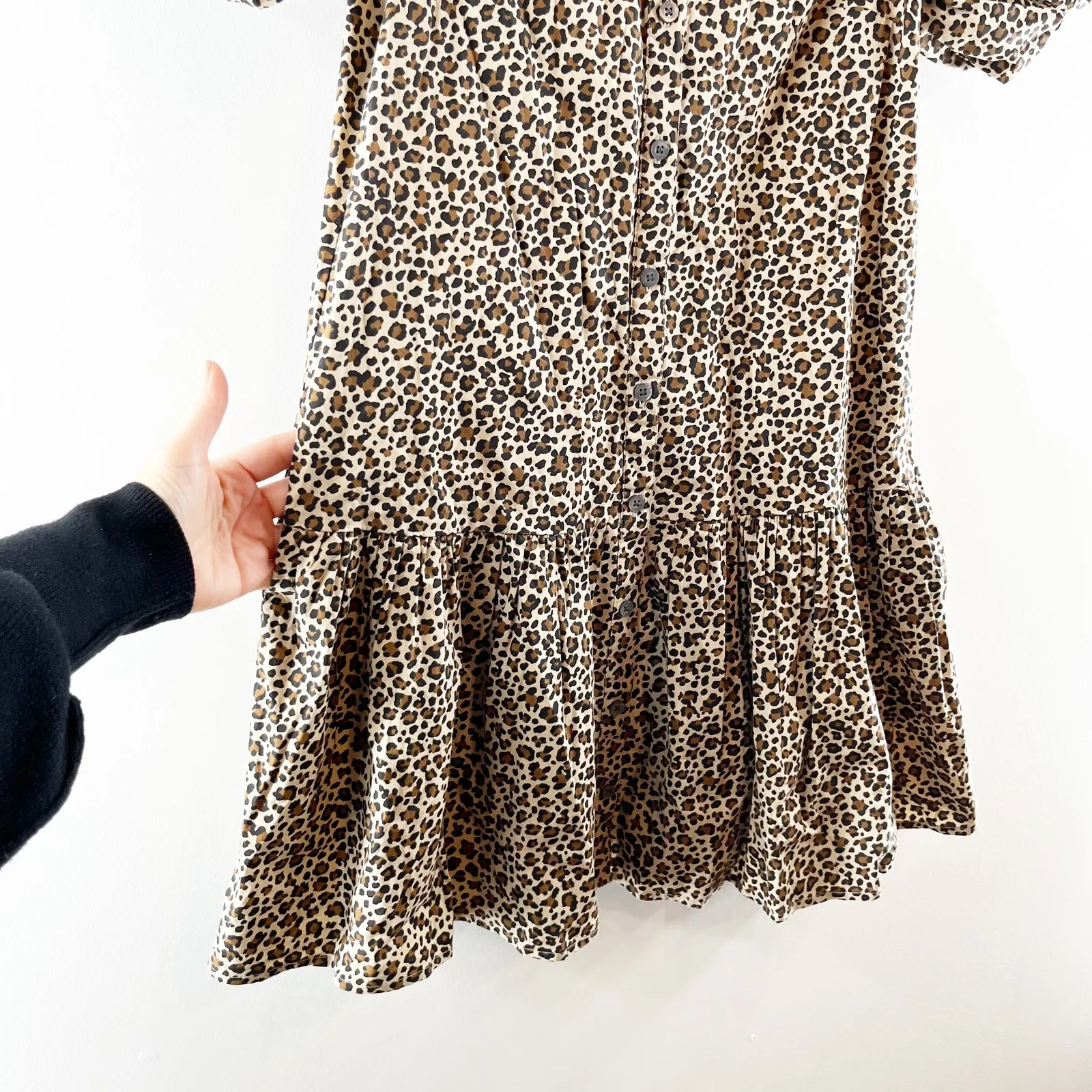 J. Crew Bubble Short Puff Sleeve Button Up Drop Waist Leopard Print Mini Dress - Image 7
