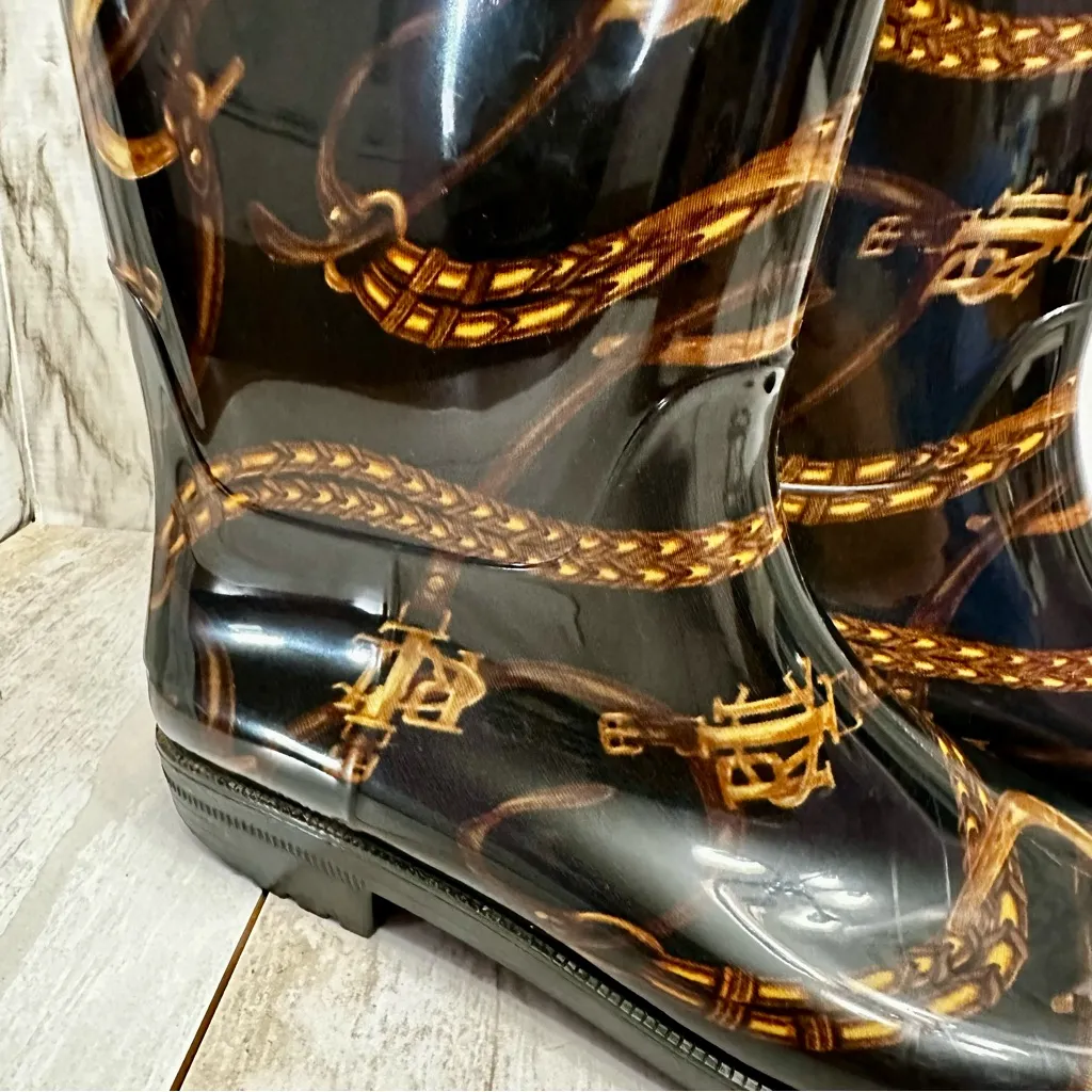 Ralph Lauren Black Gold Chain Horse Tack Pattern Rubber Rain Boots Farmcore - Image 5