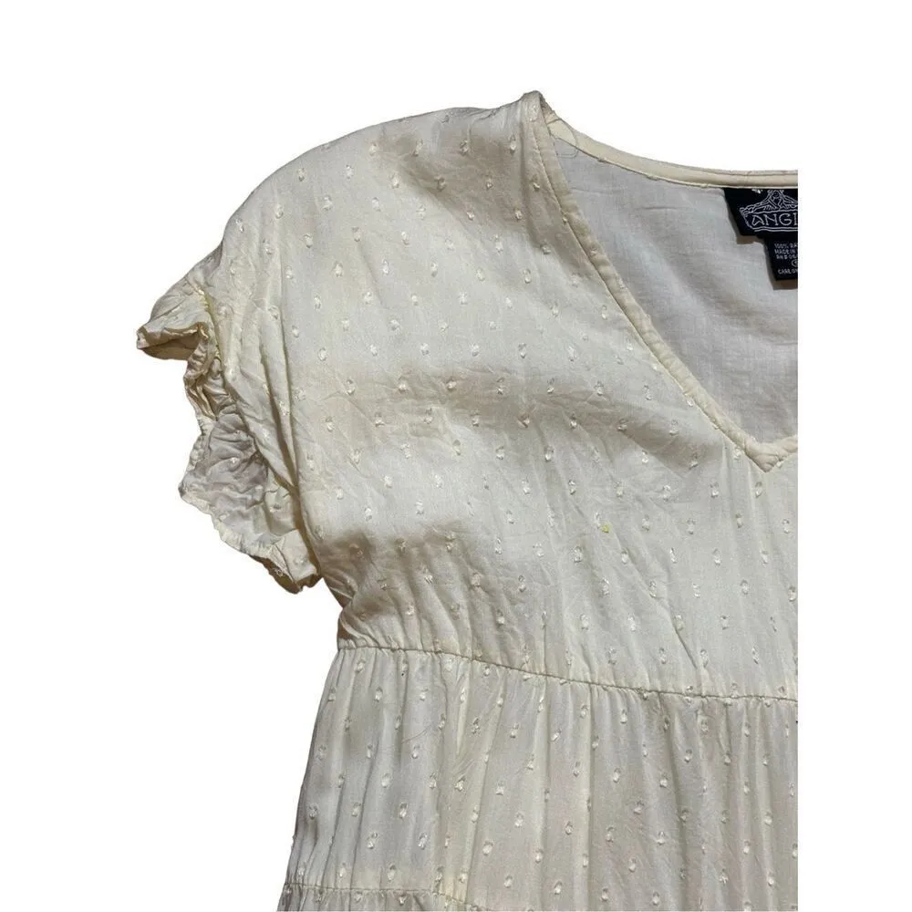 Angie womens Swiss Dot pale yellow tiered baby doll flowy dress sz S - Image 7