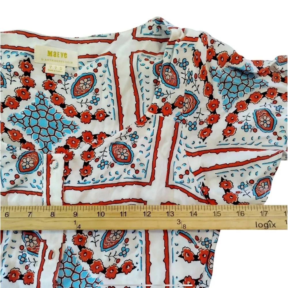Maeve Anthropologie Button Front Midi Dress Size 0  Boho Floral Geometric Print - Image 8