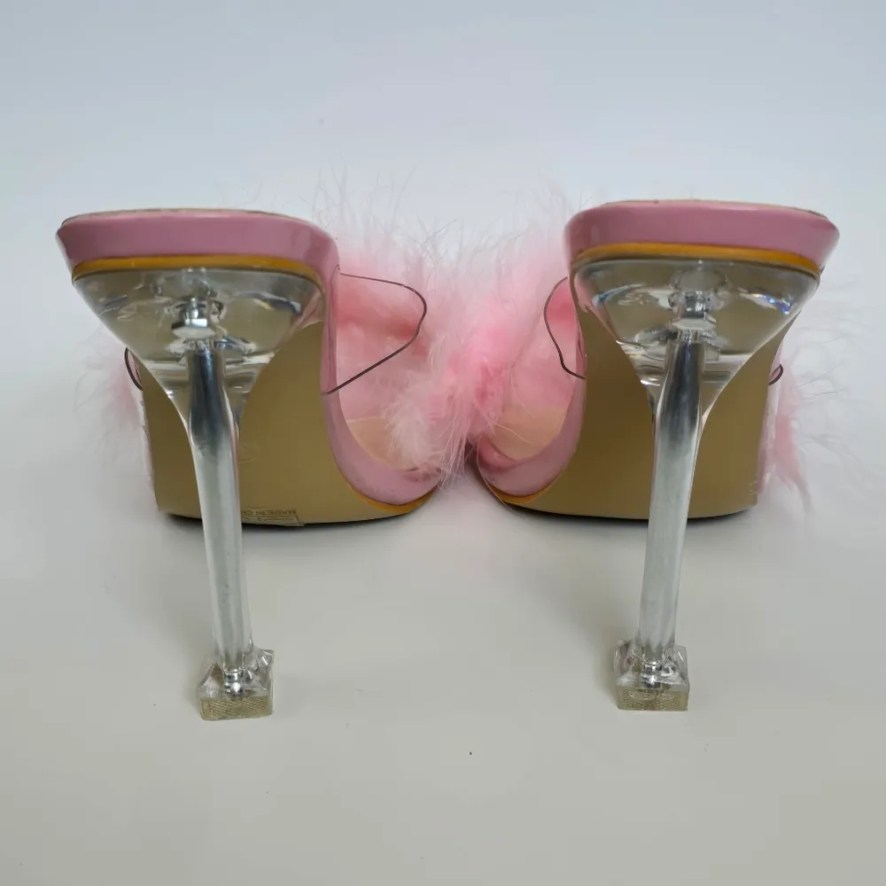 Pink Fluffy Feather PVC Stilletto Mule Heels Size 39 - Image 4