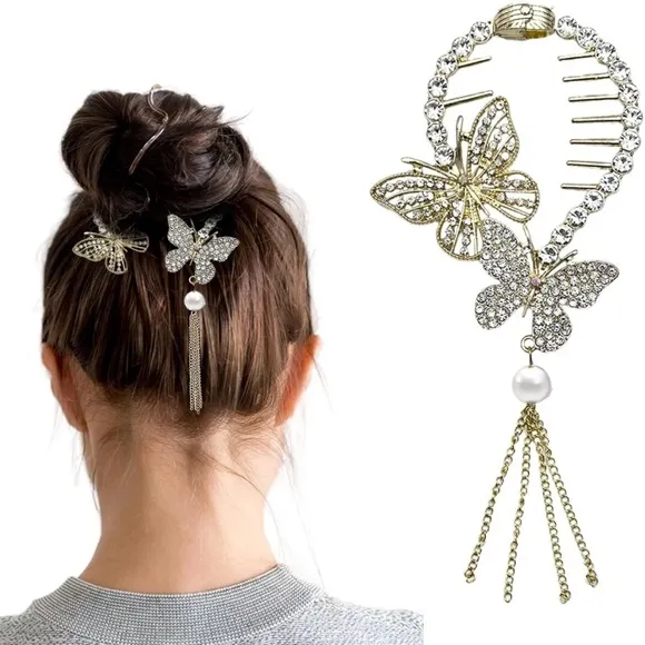 Butterfly Rhinestone Bun Hair Clip Gold - Image 2