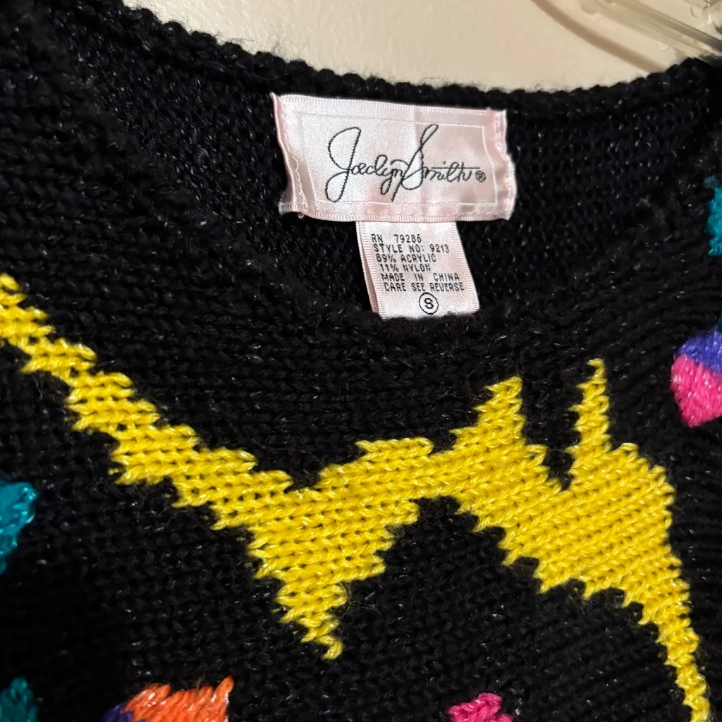 Jaclyn Smith Short Sleeve Floral Knit Sweater Black Bright Colorful Flowers S - Image 2