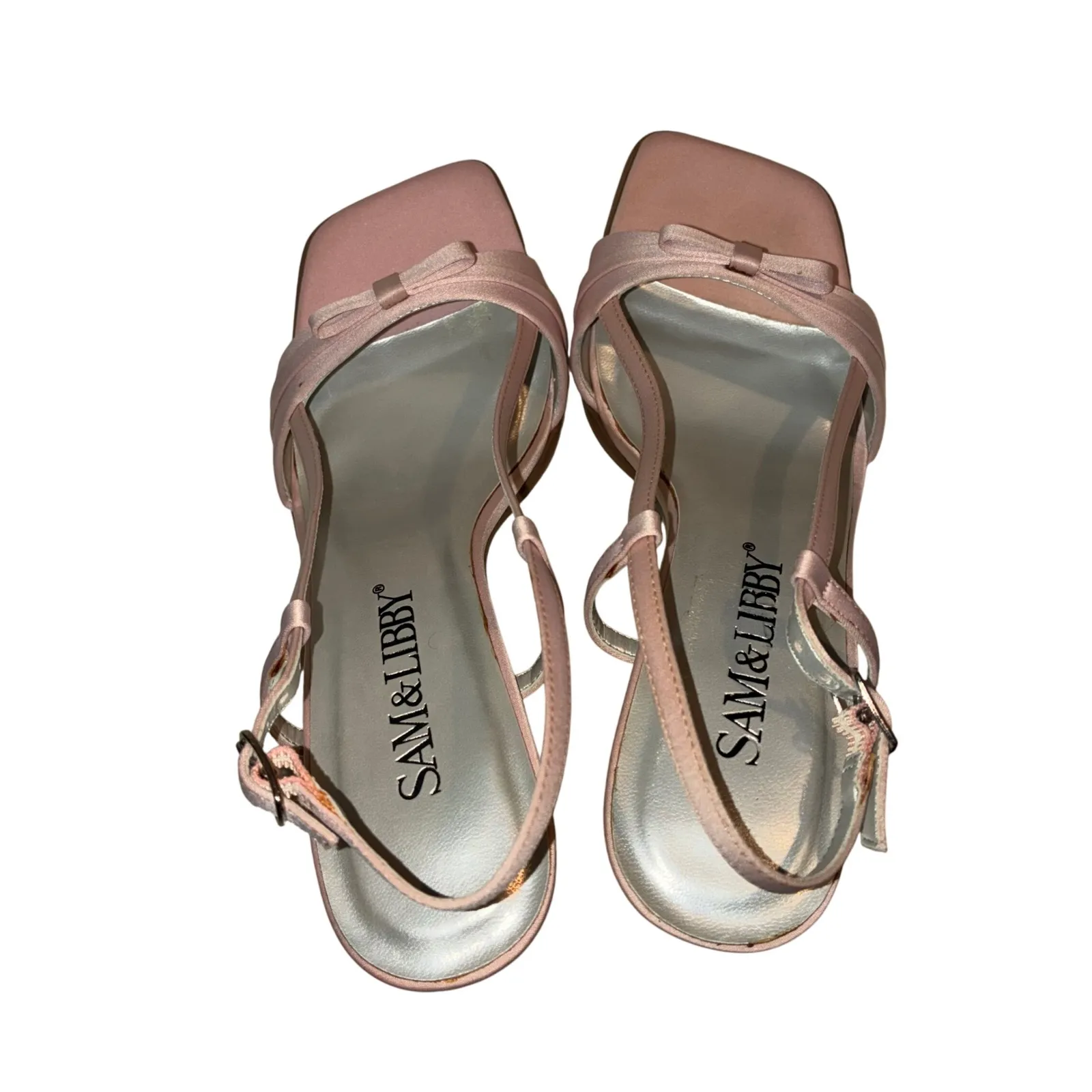 Sam & Libby Womens 6M Marine Pink Satin Square Toe Bow Slingback Heels Retro - Image 8