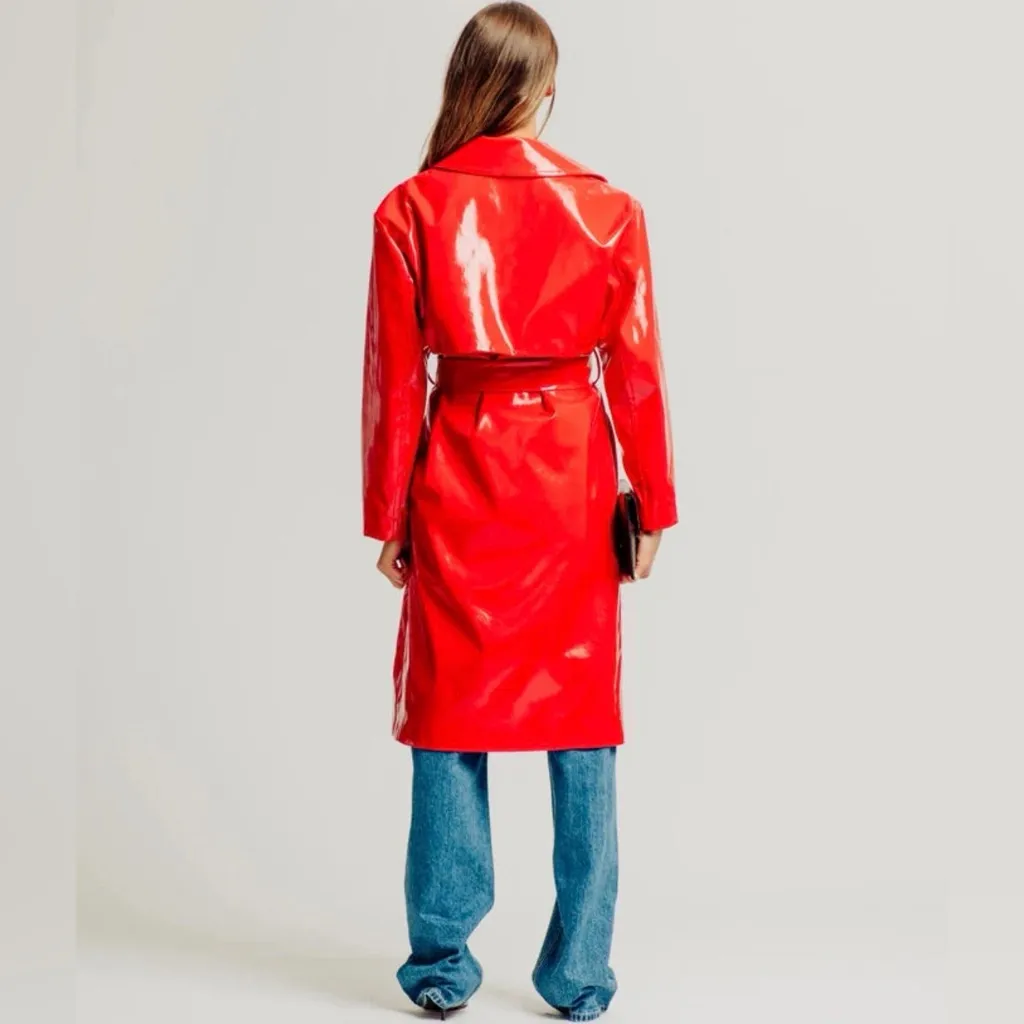 Torn by Ronny Kobo Cherry Red Regina Faux Leather Trench Coat Belted M NWT - Image 3