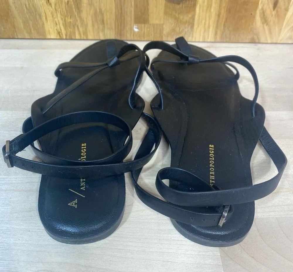 Anthropologie Black Leather Thong Flat Sandal Ankle Wrap 9 - Image 8