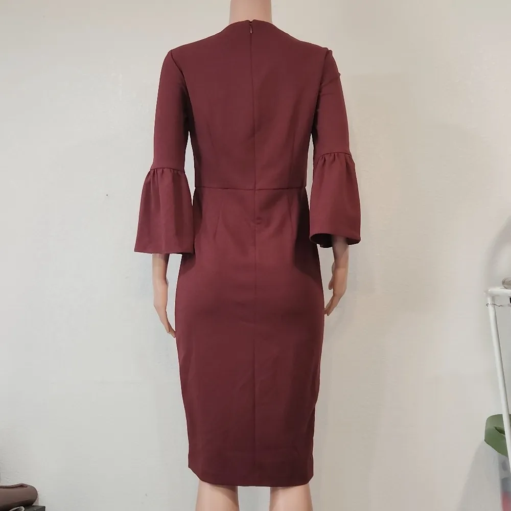 Donna Morgan Crew Neck Circular Flounce Sleeve Solid Crepe Dress Sz 6 - Image 7