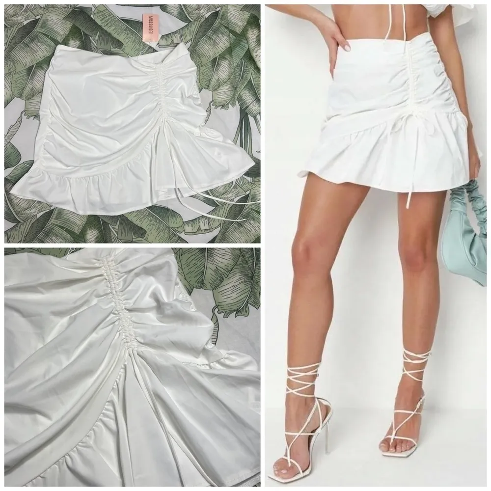 Missguided White Poplin Side Ruched Mini Skirt Ruffle Flounce Hem Size 14 XL - Image 2