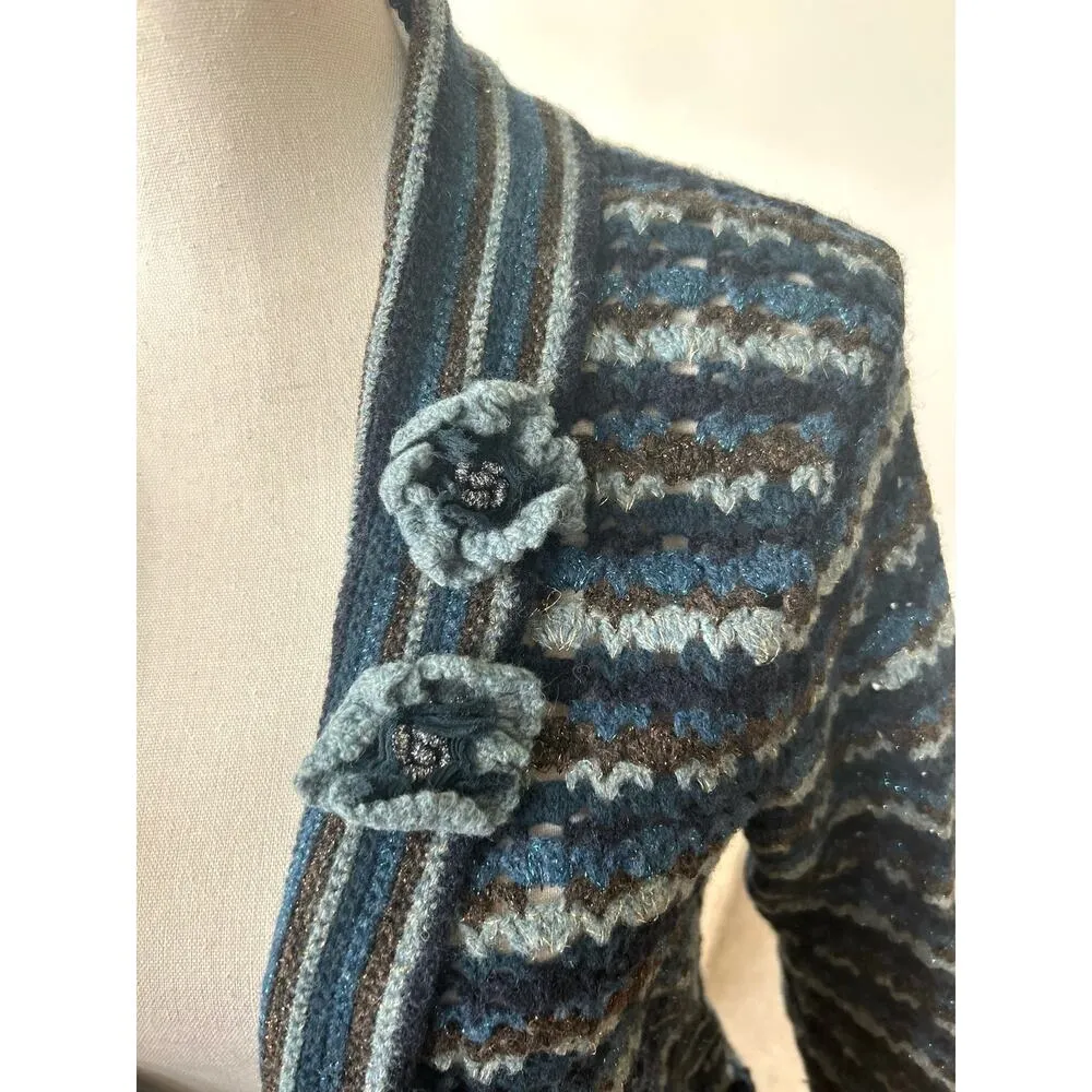Vintage Y2K Blue & Metallic Brown Crochet Knit Rosette Cardigan - Image 2