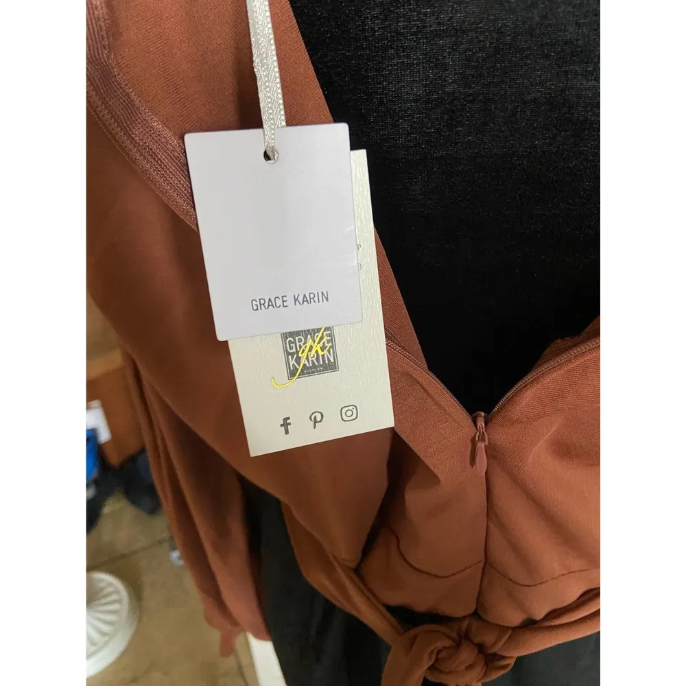 Grace Karin  Womens Dress Size 2XL Brown Black Tie Waist Bodycon Cross Front NEW - Image 6