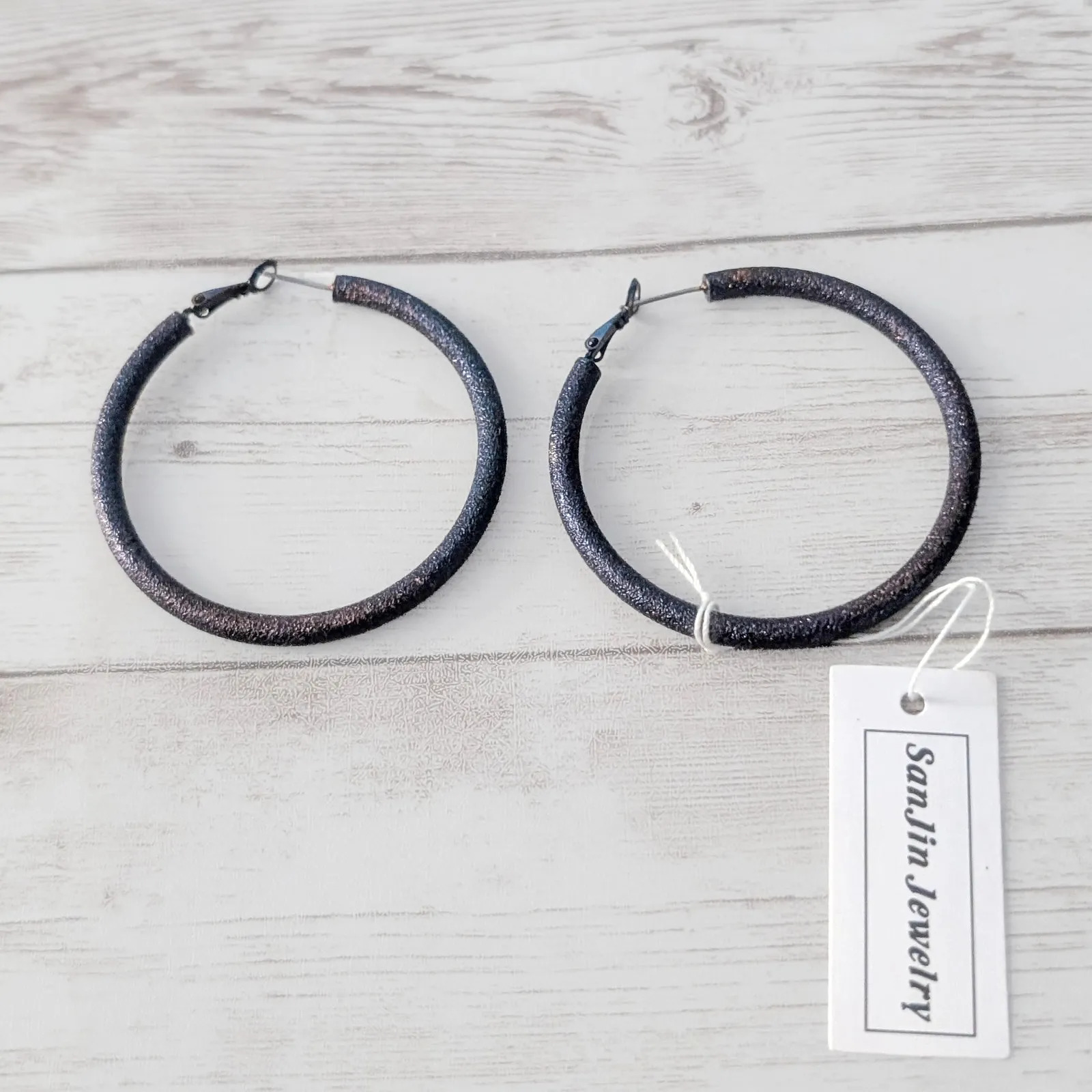 SanJin Jewelry Dark Blue & Brown Tones Large Hoop Earrings 2 & 1/8" - Image 2