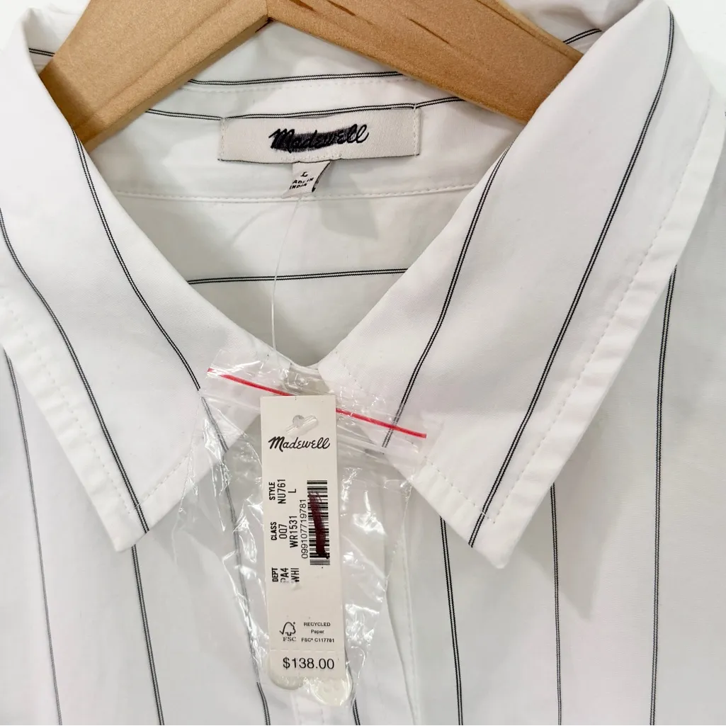 Madewell Bubble Hem Mini Shirtdress in Pinstripe Poplin In White NWT Size Large - Image 6
