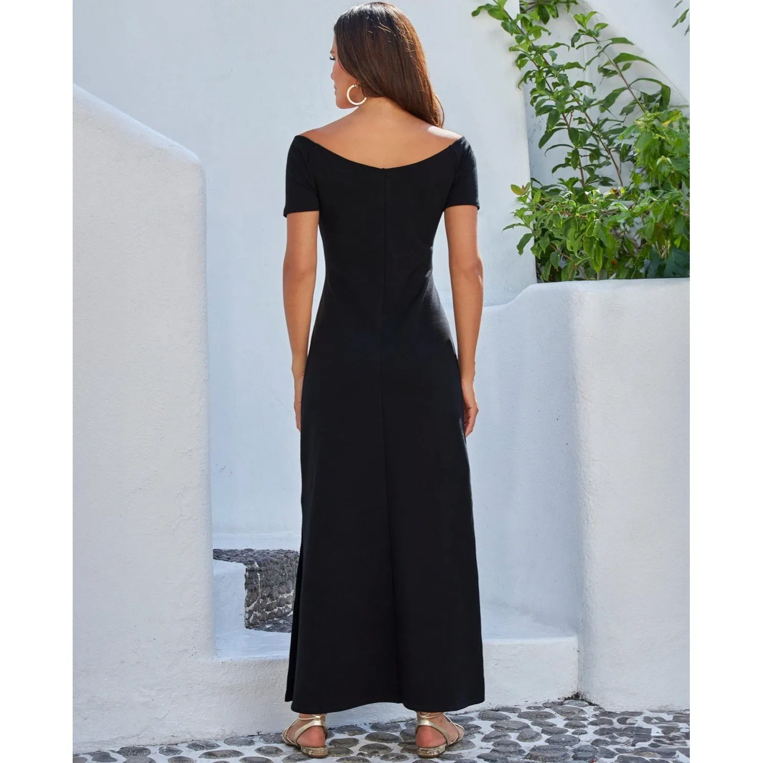 Boston Proper Black Off the Shoulder Short Sleeve Maxi Dress Medium Minimalist - Image 2