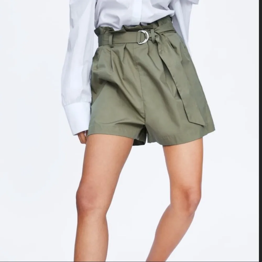 Zara poplin belted paperbag waist khaki shorts size xs - Image 55