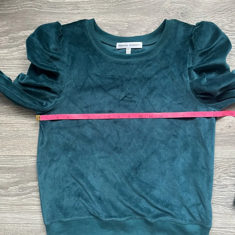 Rebecca Minkoff Teal Blue Green Long Puff Sleeve Velvet Velour Sweater Size XS - Image 7