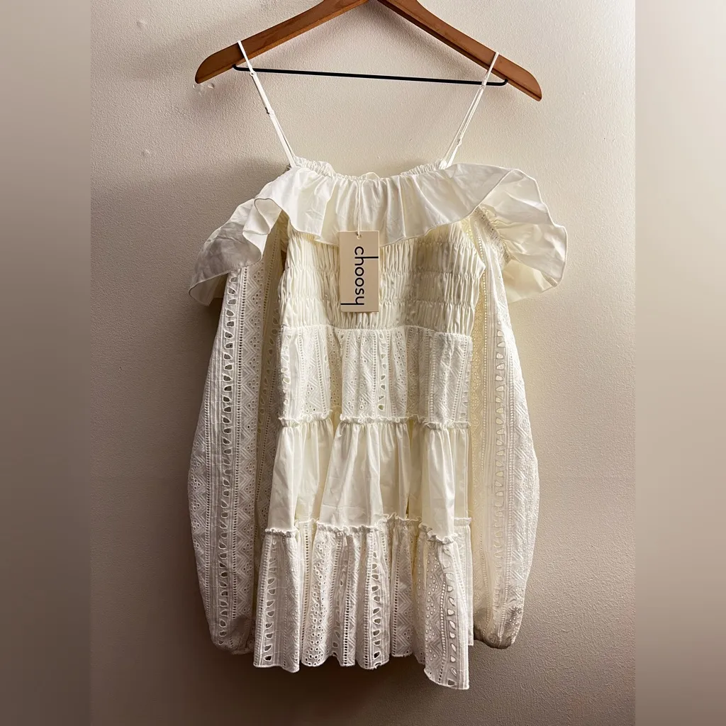 Choosy White Endless Summer Ruffle Eyelet Off The Shoulder Dress tiered smock S - Image 10