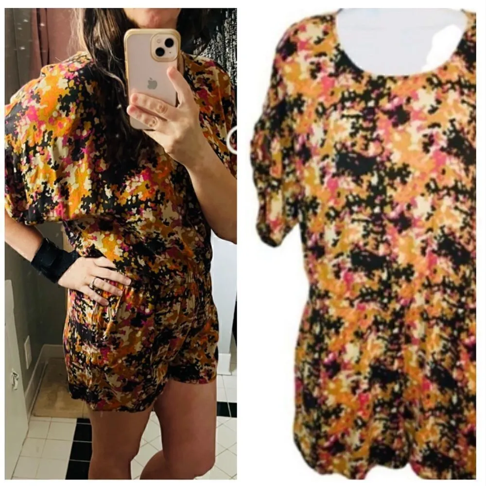Fossil Abstract Colorful Romper Shorts Orange Tan Pink S - Image 2