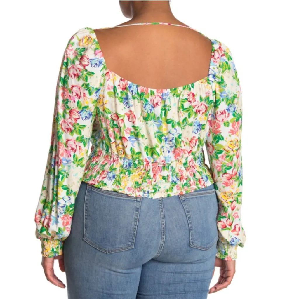 NWT AFRM X Nordstrom Soph Floral Long Sleeve Smocked Crop Top Green Size 1X - Image 3