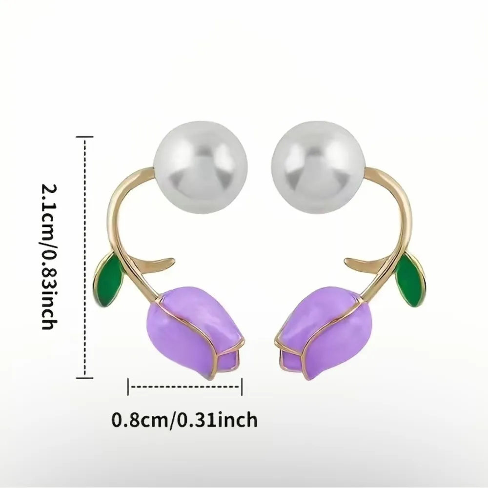 Trendy Elegant Purple Tulip Flower Pearl Stud Earrings, Women's‎ Stud Earrings Gold - Image 6