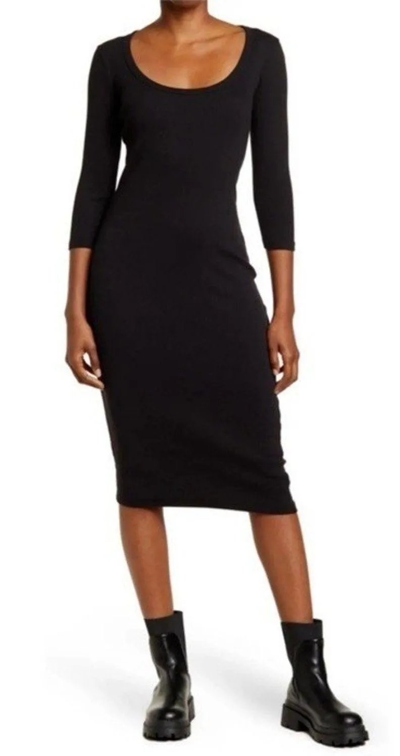 James Perse Ribbed Knit Midi Dress Scoop Neck 3/4 Sleeve Black Sz XS Minimalist - Image 1