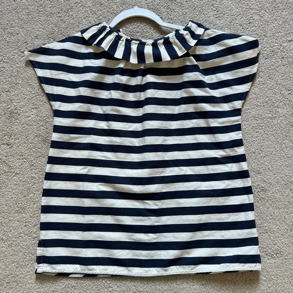 ANN MASHBURN Linen Cotton Top Size XS Navy Blue White Ruffle Tie Blouse Cap - Image 2