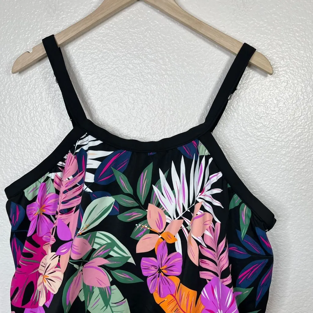 Swim Solutions Women's Floral Multicolor Underwire Tankini swimsuit Top Size 24W Black - Image 3