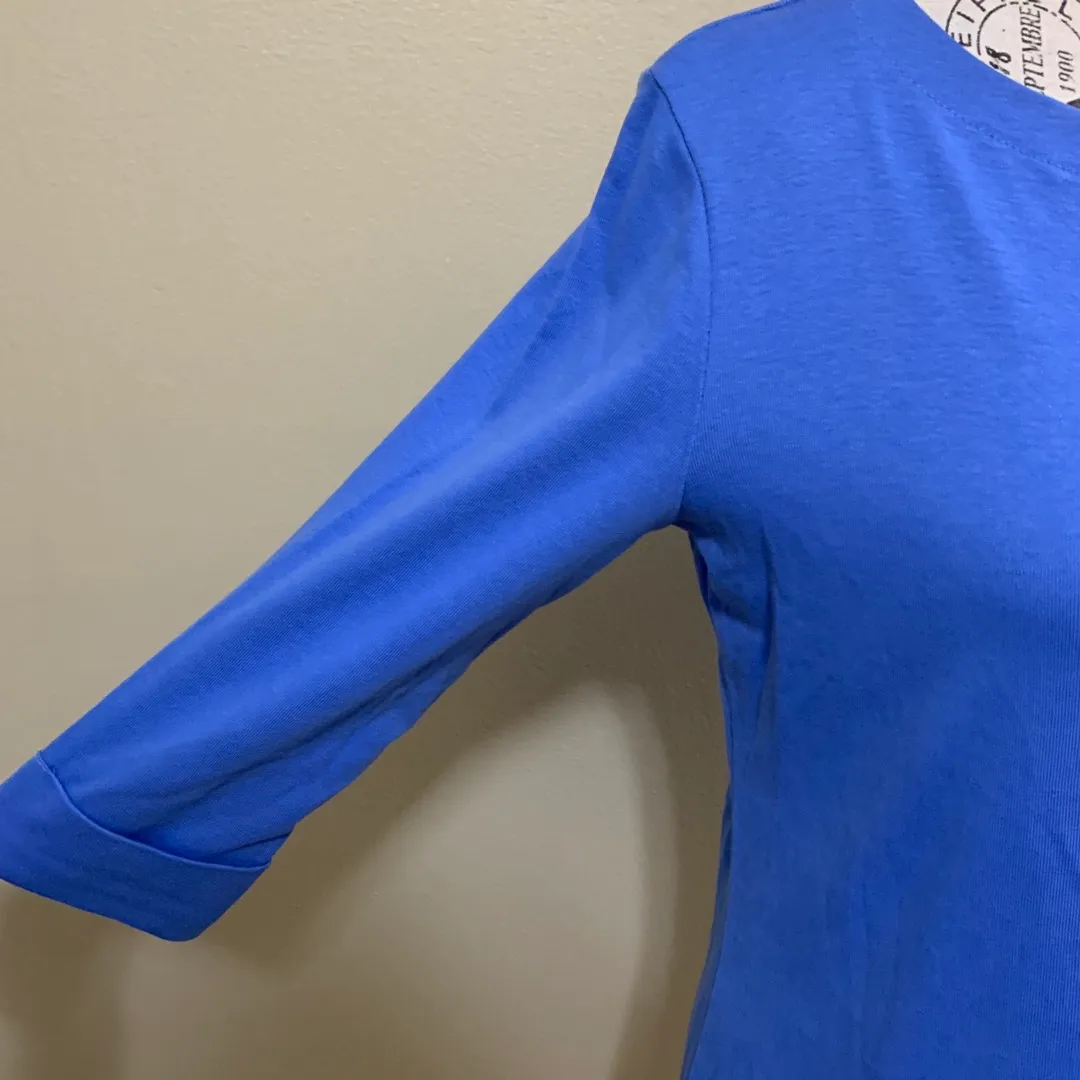 Petites Blue Boatneck 3/4” Sleeve Cotton Top - Image 7