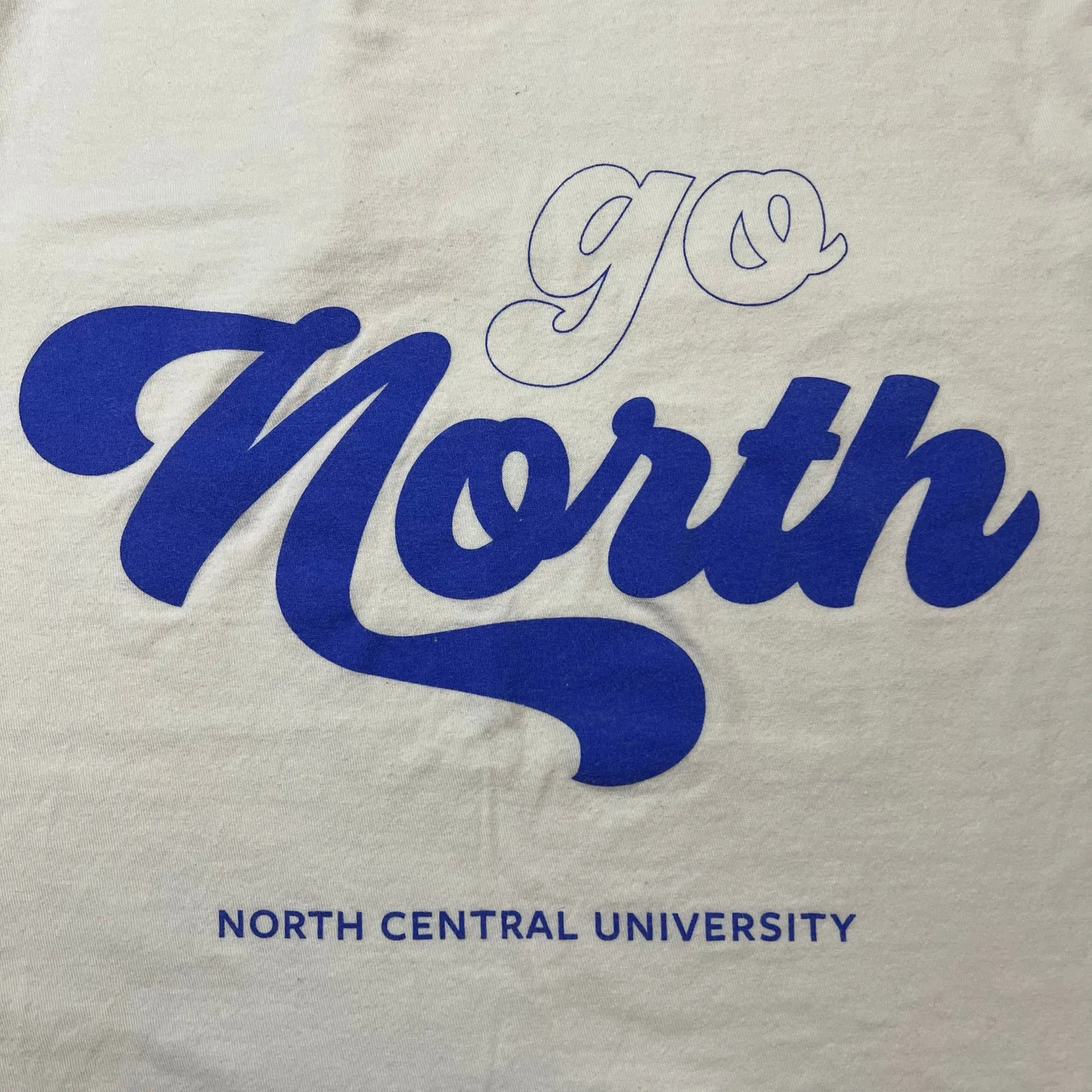North Central University Womens T Shirt Top Go North Short Sleeve Beige Blue Med - Image 6