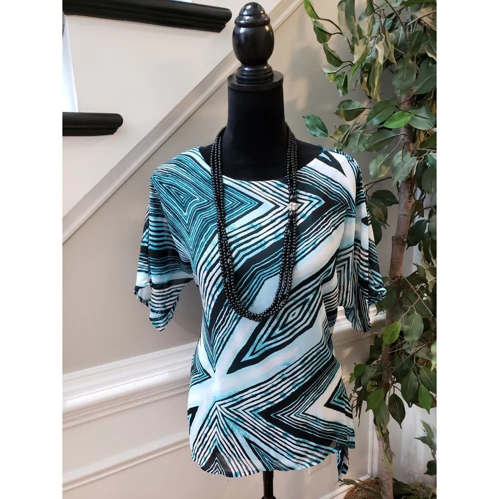 Dana Buchman Blouse Women S Teal Black White Abstract Print Sheer Overlay Top - Image 2