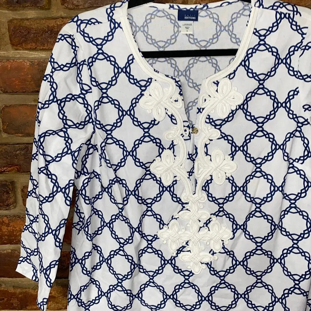 Basic Editions White Blue Embroidered Printed 3/4 Sleeve Tunic Top Women's Small - Image 2