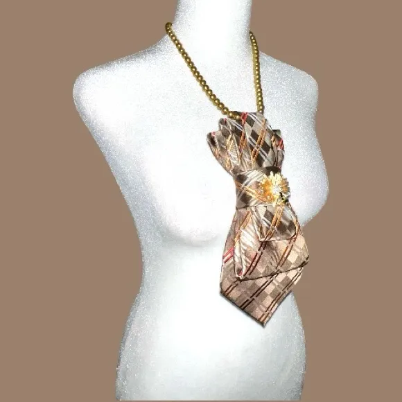 “Dainty Dapper”Brown Plaid Necktie with Gold floral and bee Brooch Brown - Image 2