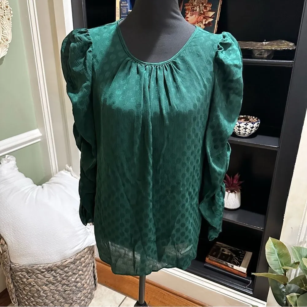 Max Studio Women's Jacquard Shine Dot Ruched Sleeves Blouse NWT Size M - Image 4