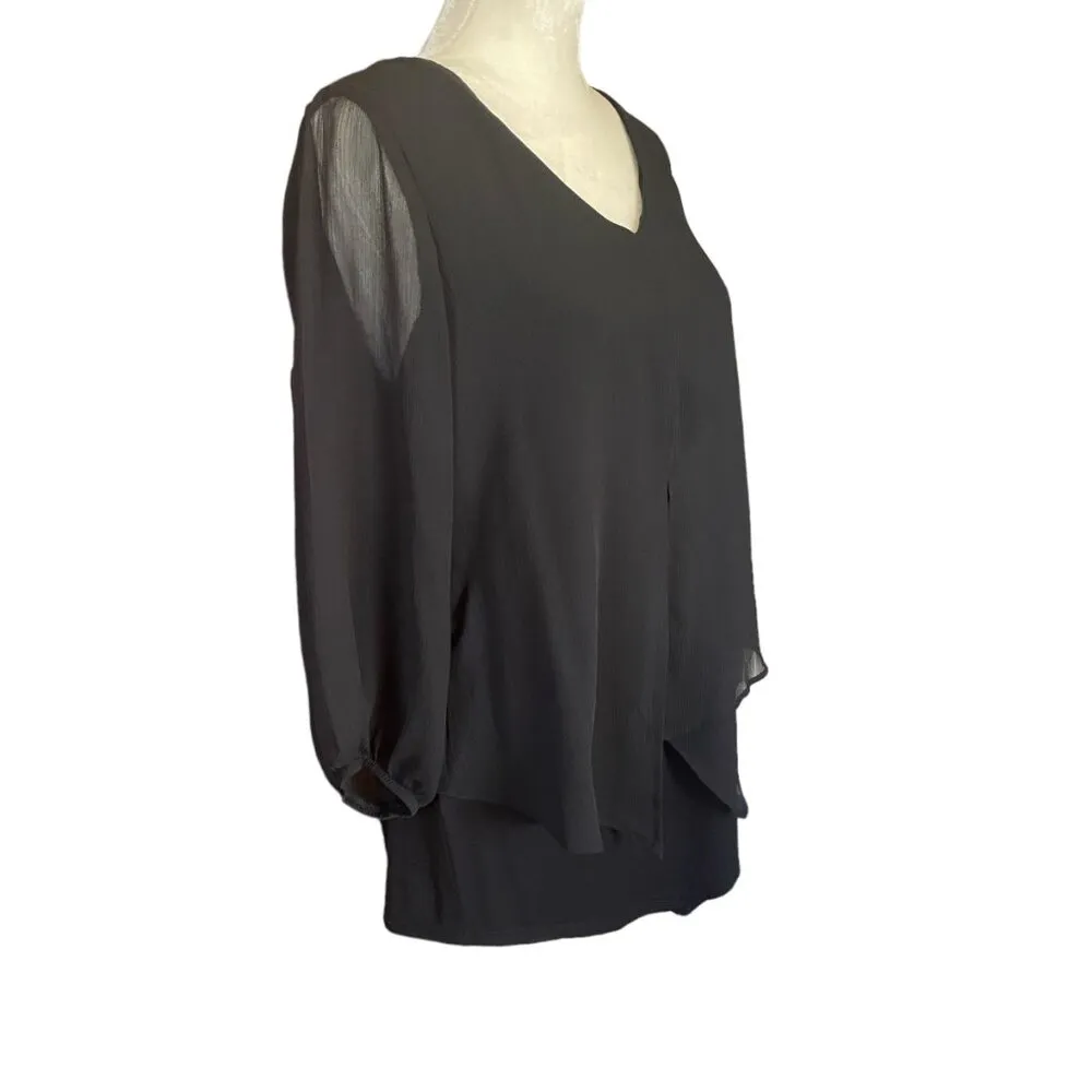 women's black v-neck long sleeve pullover blouse tank style sheer overlay - Image 2