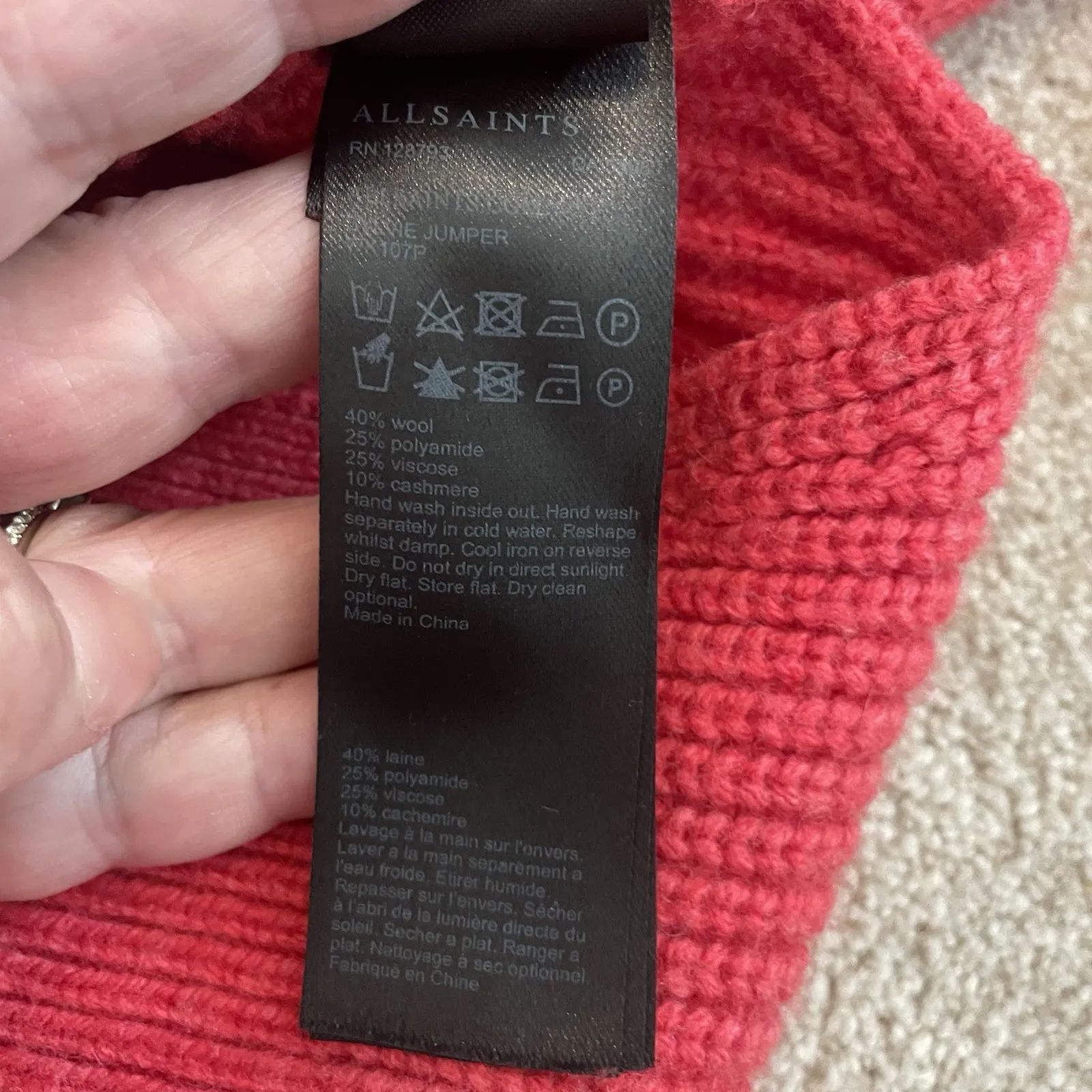 AllSaints Red Wool Blend Sweater Women's M Ribbed Knit Pullover Cozy Mock Neck Red Size M - Image 10