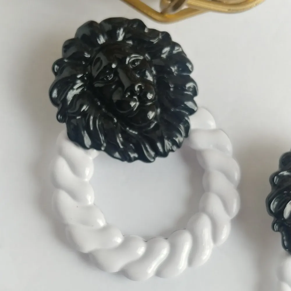 Big Bold Lion Doorknocker Black and White Statement Earrings - Image 2