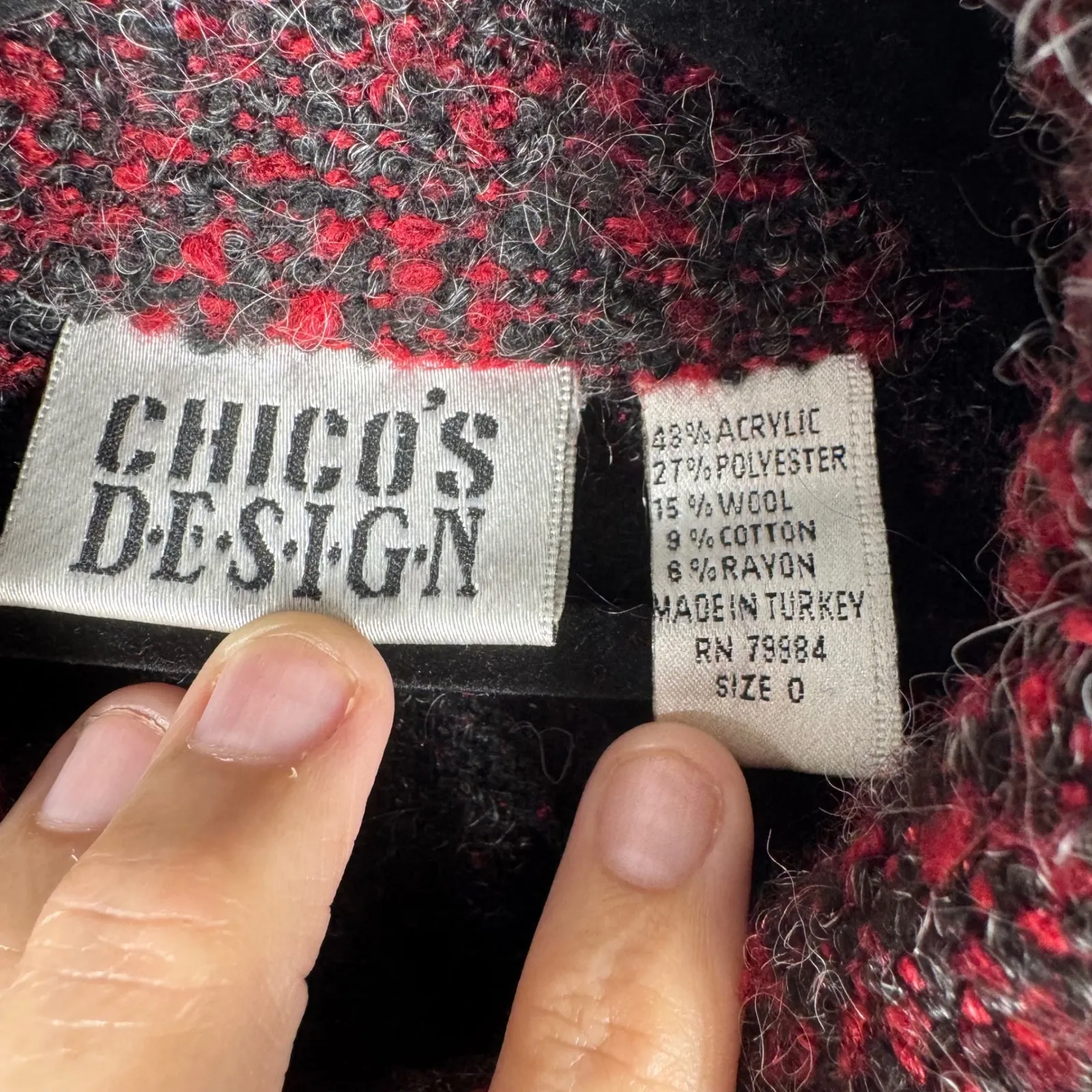 Chicos Design Textured Knit Button Front Jacket Burgundy Red Black Size 0 - Image 2