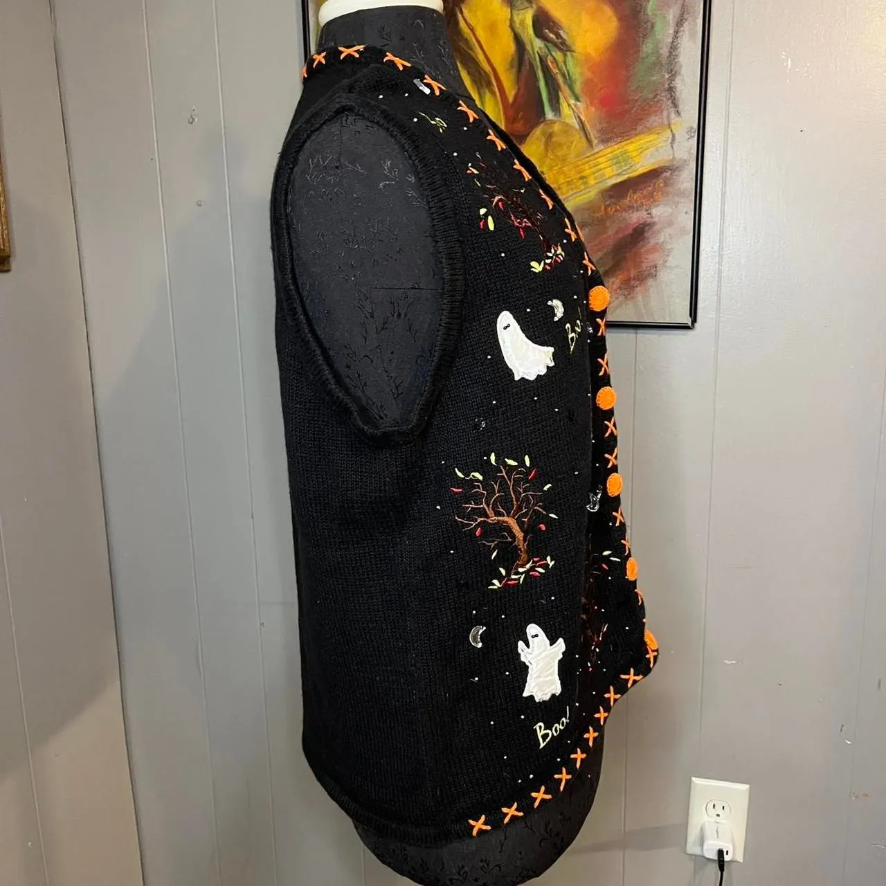 Halloween Ghosts Boo Knit Sweater Vest Large Black - Image 4